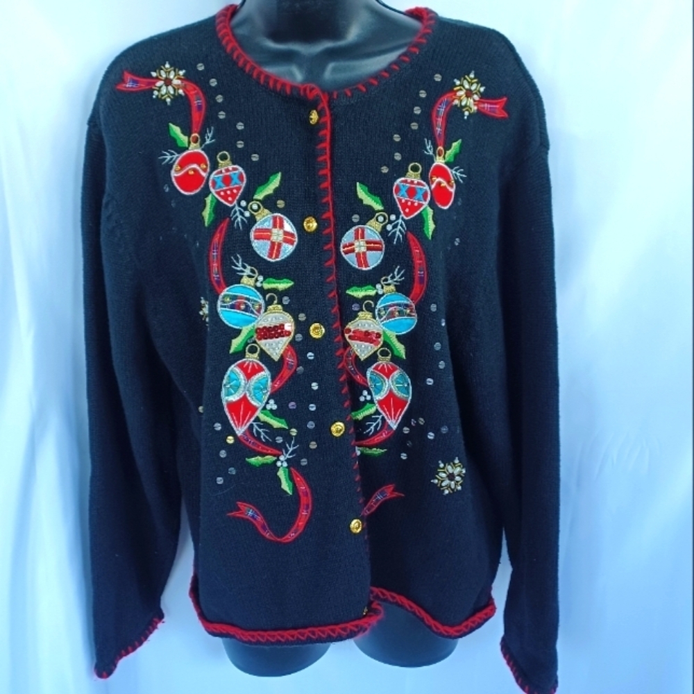 Crystal Kobe Black Embroidered, Beaded, Christmas Sweater Sz L